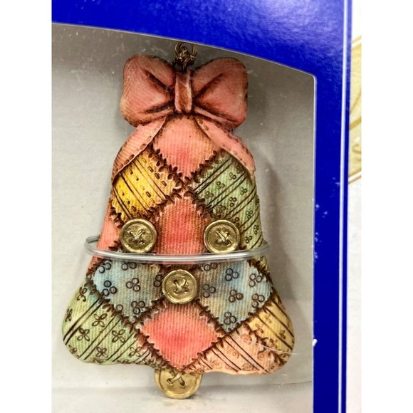 3 Pc. Sierra Gift Company Ceramic Patchwork Ornaments - Angel/Rocking Horse/Bell - Picture 3 of 9